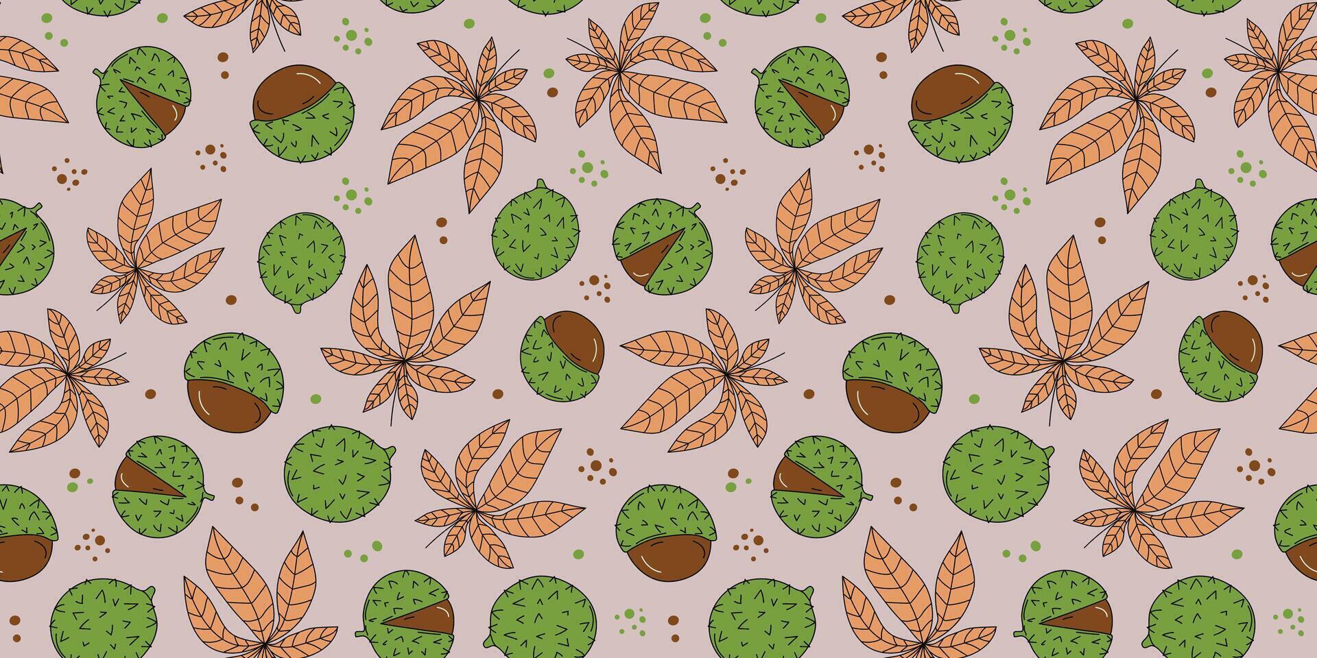 Pattern chestnut, leaves. Chestnut fruit. Drawings, doodle. Hand drawn. Autumn leaf. Botanical, nature seamless background, wallpaper. vector