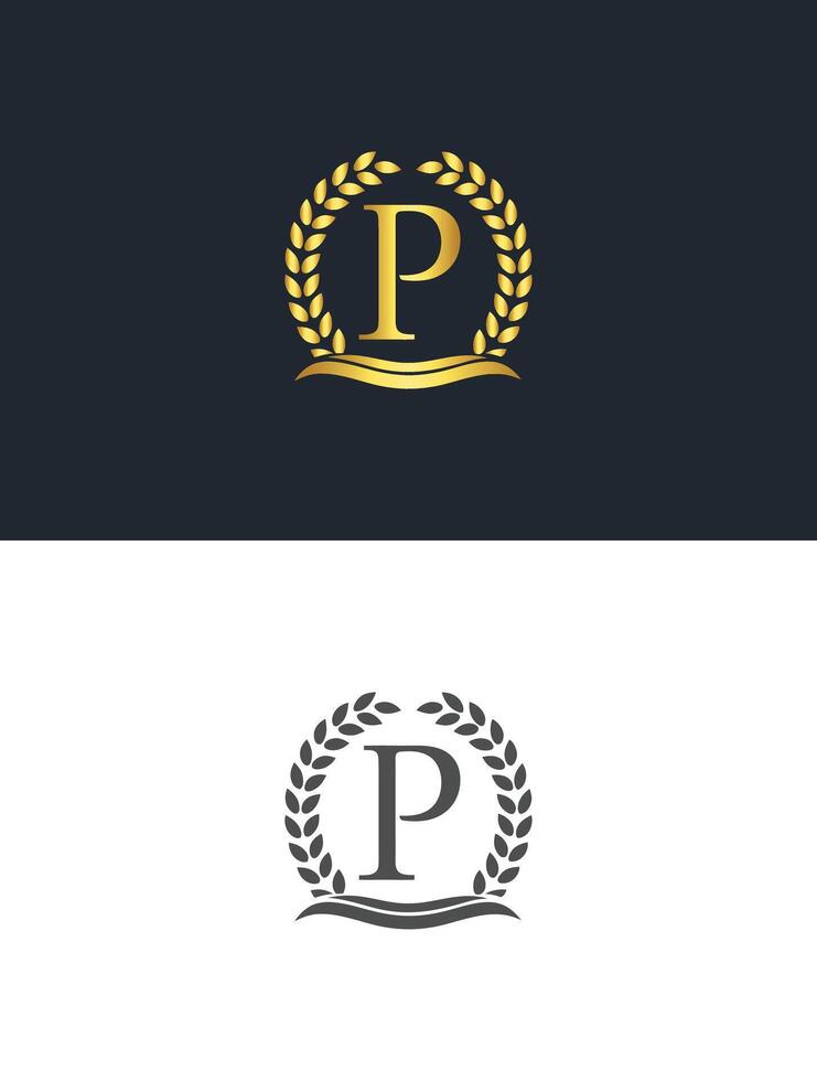 Gold Letter P Logo with Laurel Wreath and Wave Element vector