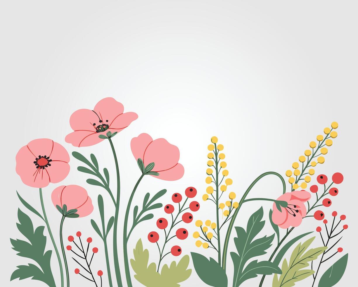 Floral Illustration with Pink Poppies and Berries vector