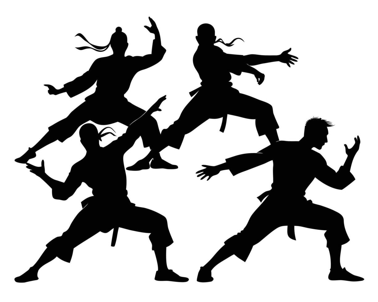 Silhouette of Martial Artists Practicing Karate and Kung Fu Moves in Various Positions vector