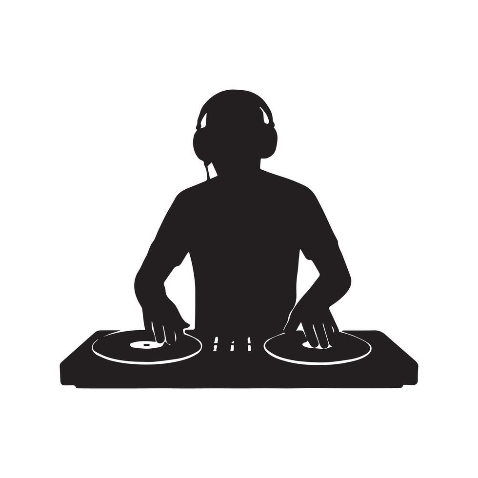 DJ silhouette person mixing music with turntables wearing headphones nightclub entertainment concept on white background vector