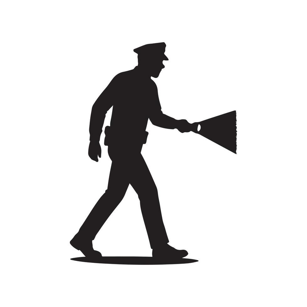 police officer silhouette man walking with flashlight law enforcement and security patrol concept on white background vector