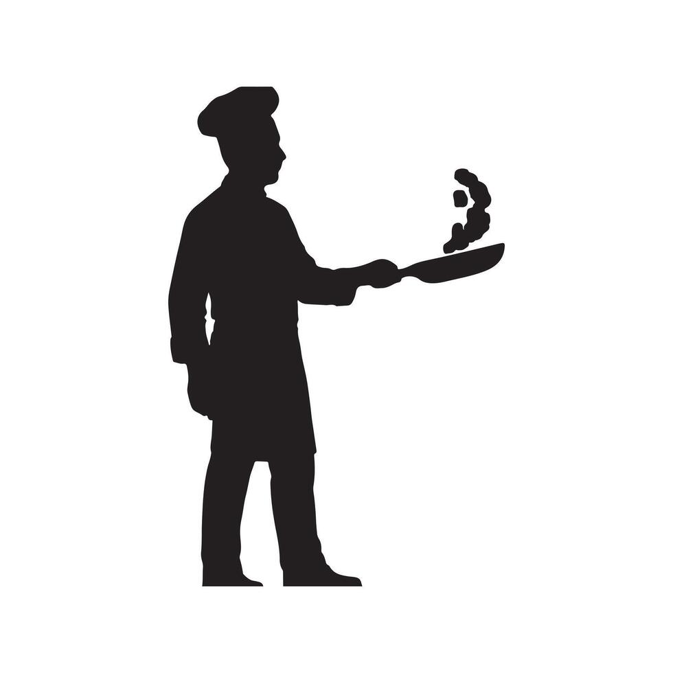 silhouette of a chef tossing food in a frying pan isolated on white background vector