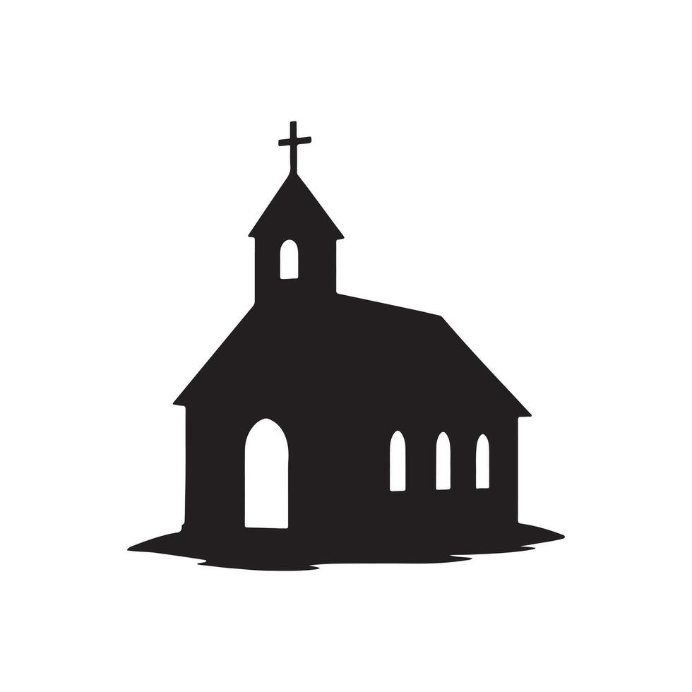 Silhouette of a small church building with steeple and cross isolated on white background vector