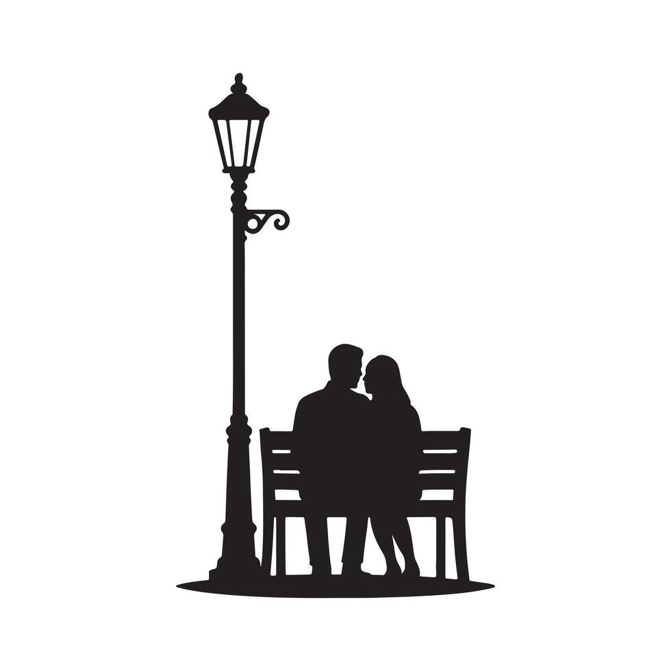 Couple sitting on bench under streetlamp silhouette romantic evening park love relationship concept isolated on white background vector