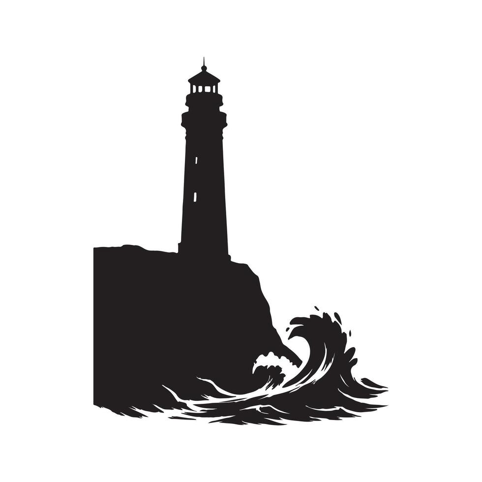 Lighthouse on cliff silhouette with ocean wave guiding light and coastal navigation concept isolated on white background vector