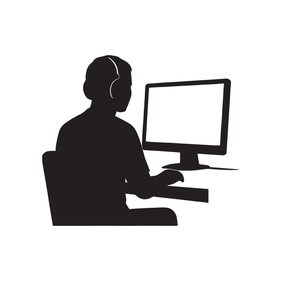 Man using computer with headset silhouette online work or gaming communication technology concept isolated on white background vector