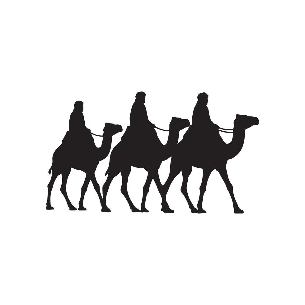 Camel caravan silhouette group of travelers riding through desert traditional journey concept on white background vector