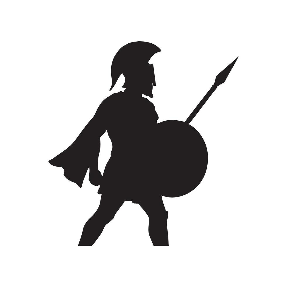 ancient warrior silhouette holding spear and shield strong historical fighter character concept isolated on white background vector
