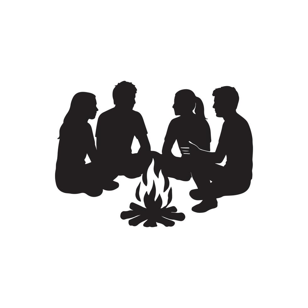 friends sitting around campfire silhouette on white background group camping outdoor gathering vector