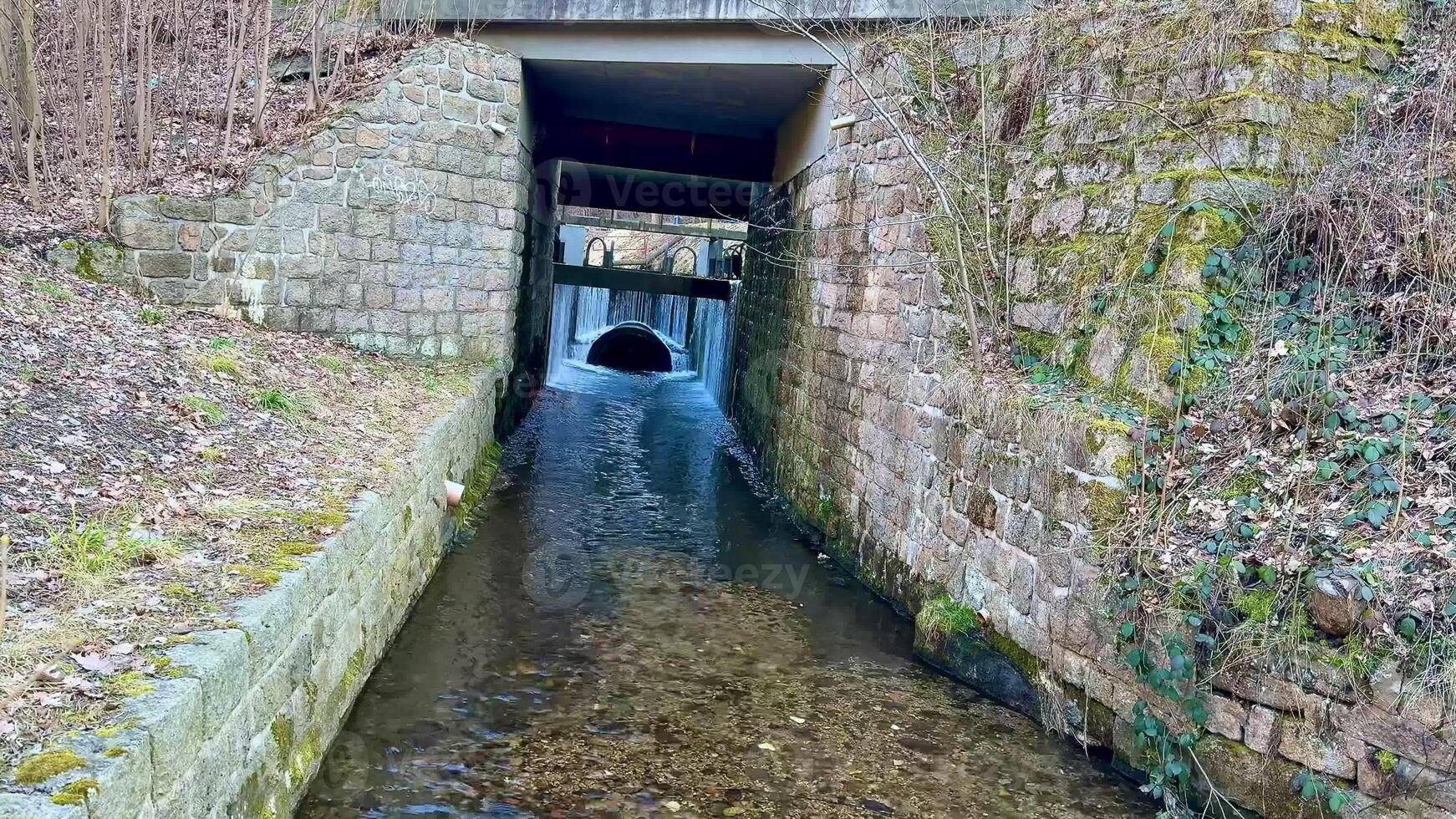 A beautifully tranquil view of a waterway gracefully flowing beneath a stunning stone archway in a lush forested area photo