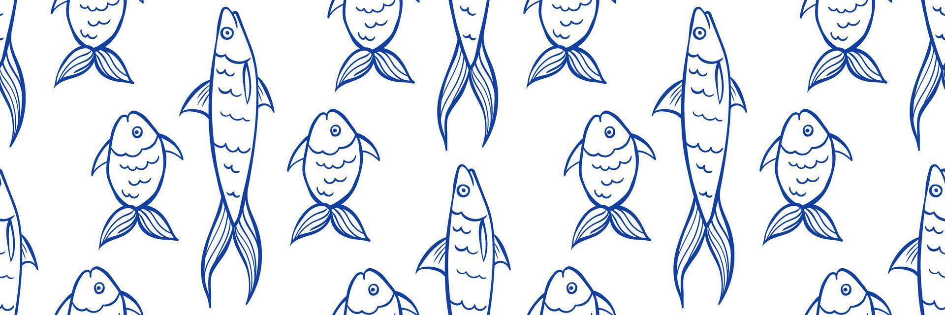 Stylized fish pattern in blue with sketchy lines. Nautical style background. Perfect for fabric, packaging, beach, coastal restaurant, decor. Hand doodle illustration with ocean vibes. vector