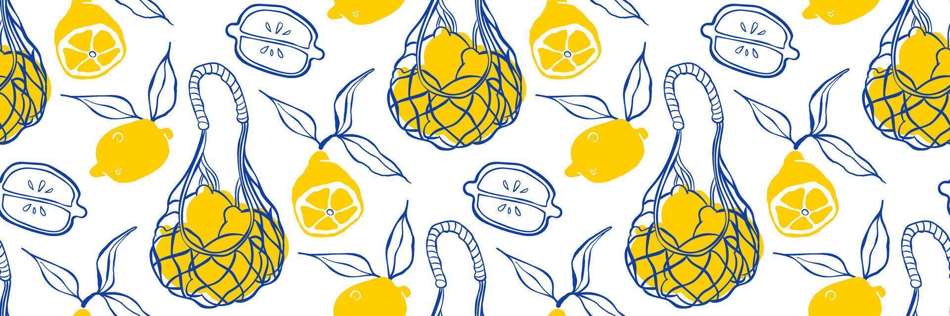 Lemon pattern with net bag. Mixing flat shapes and doodle lines in sunny yellow and blue. Ideal for prints, textiles, branding. Outline illustration with playful summer feel. vector