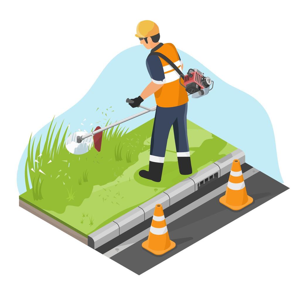 Gardener trimming grass with equipment vector