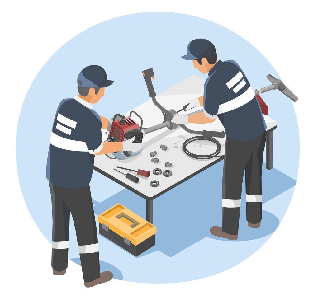 Technicians repairing equipment on a table vector
