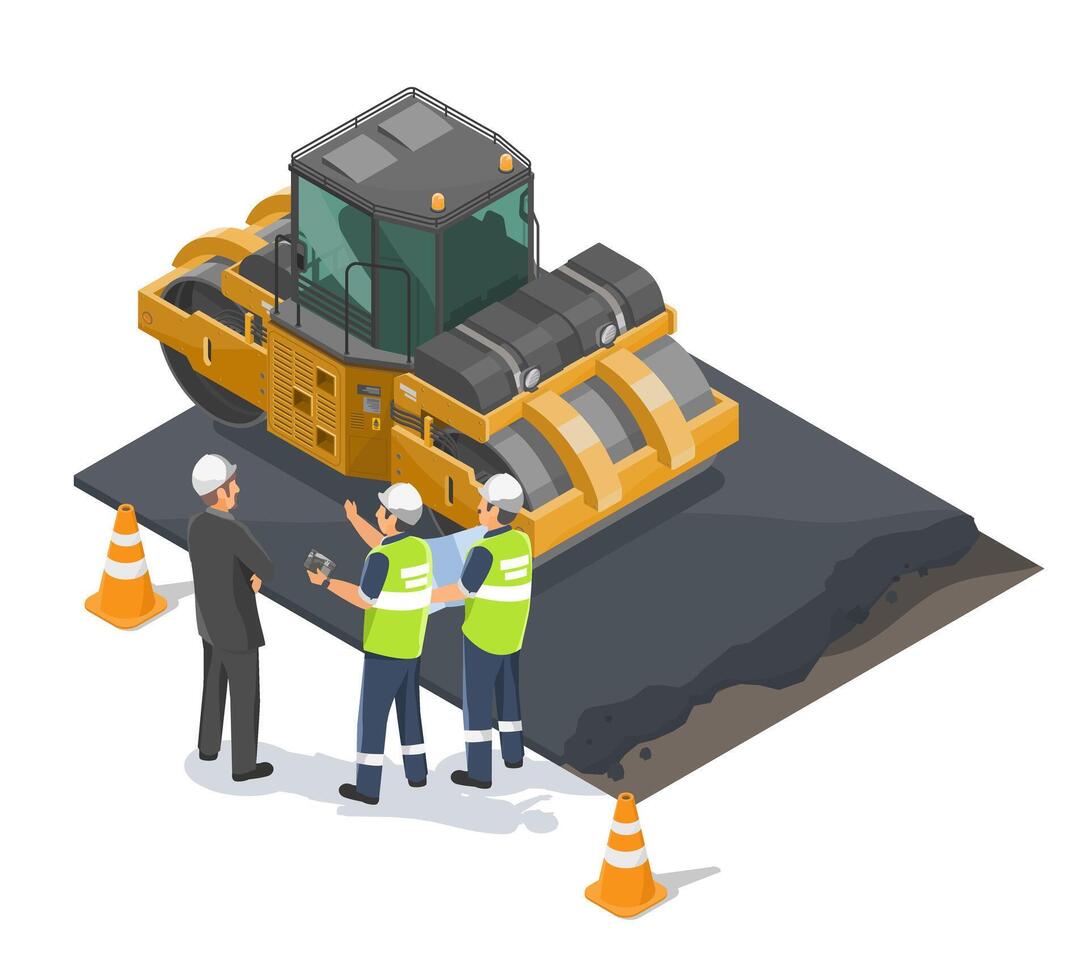 Construction site with asphalt roller and workers vector