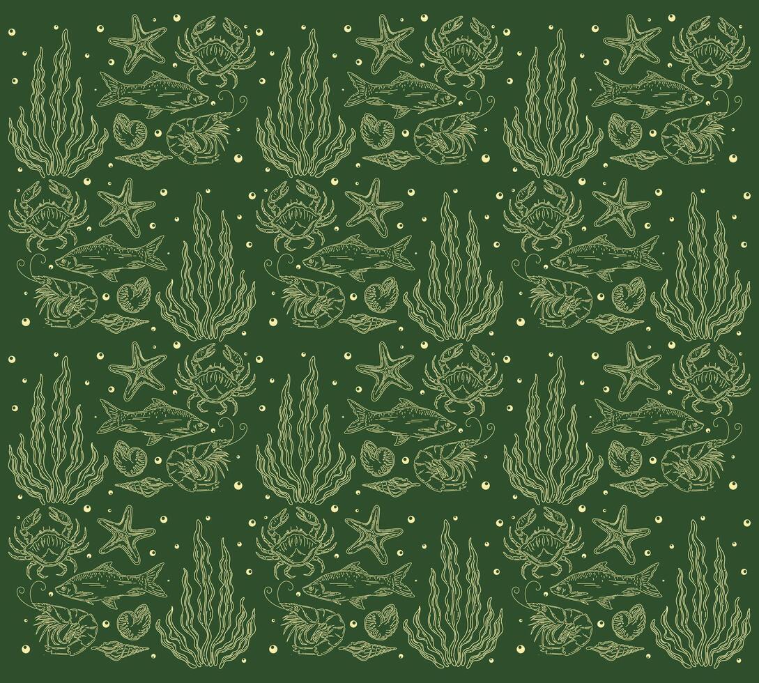 Marine life nautical outline pattern illustration texture background under the sea textile print art editable vector