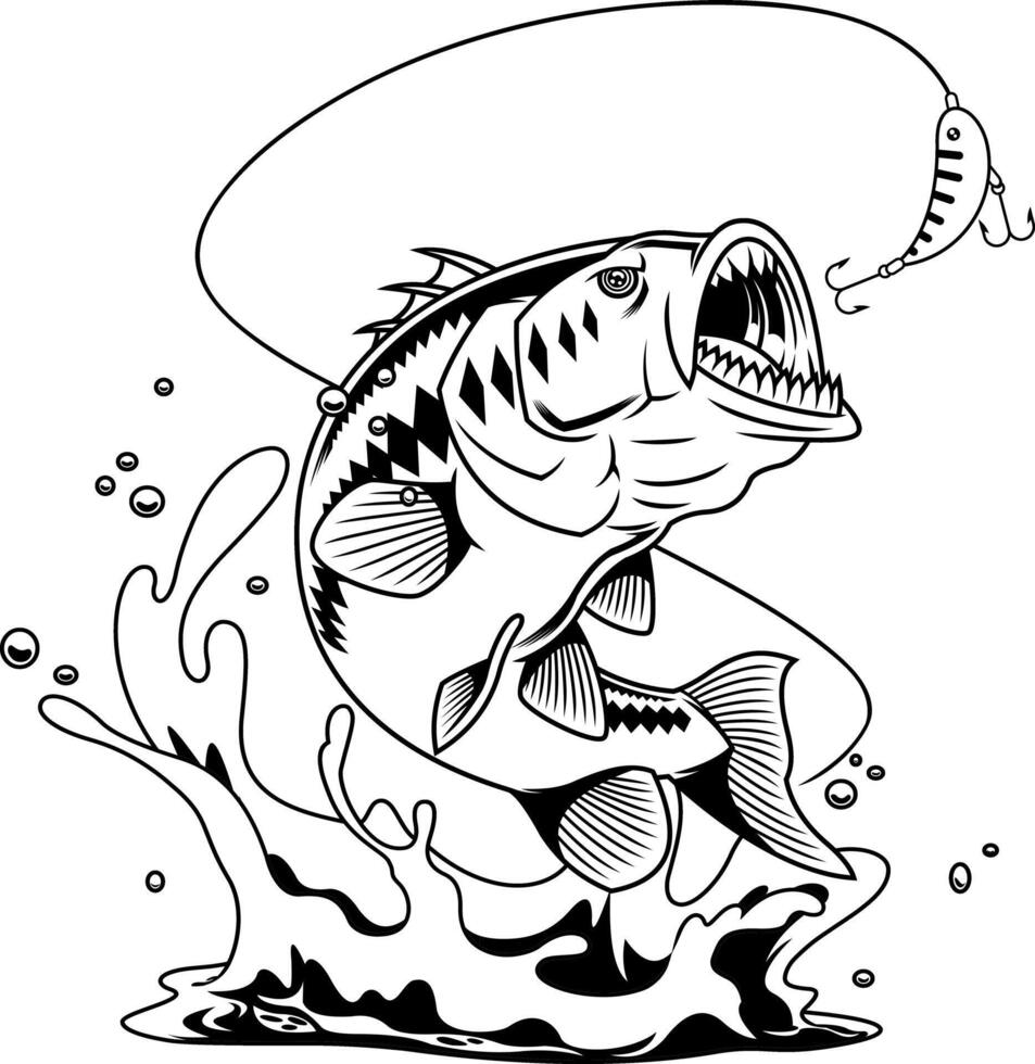 Black And White Monster Fish Illustration With Sharp Teeth And Lure Attack vector