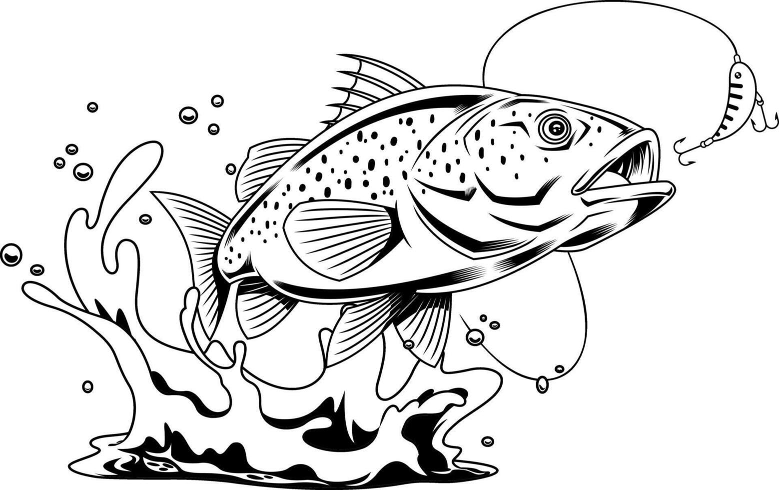 Jumping Predator Fish Line Drawing With Splash And Hooked Lure Focus vector