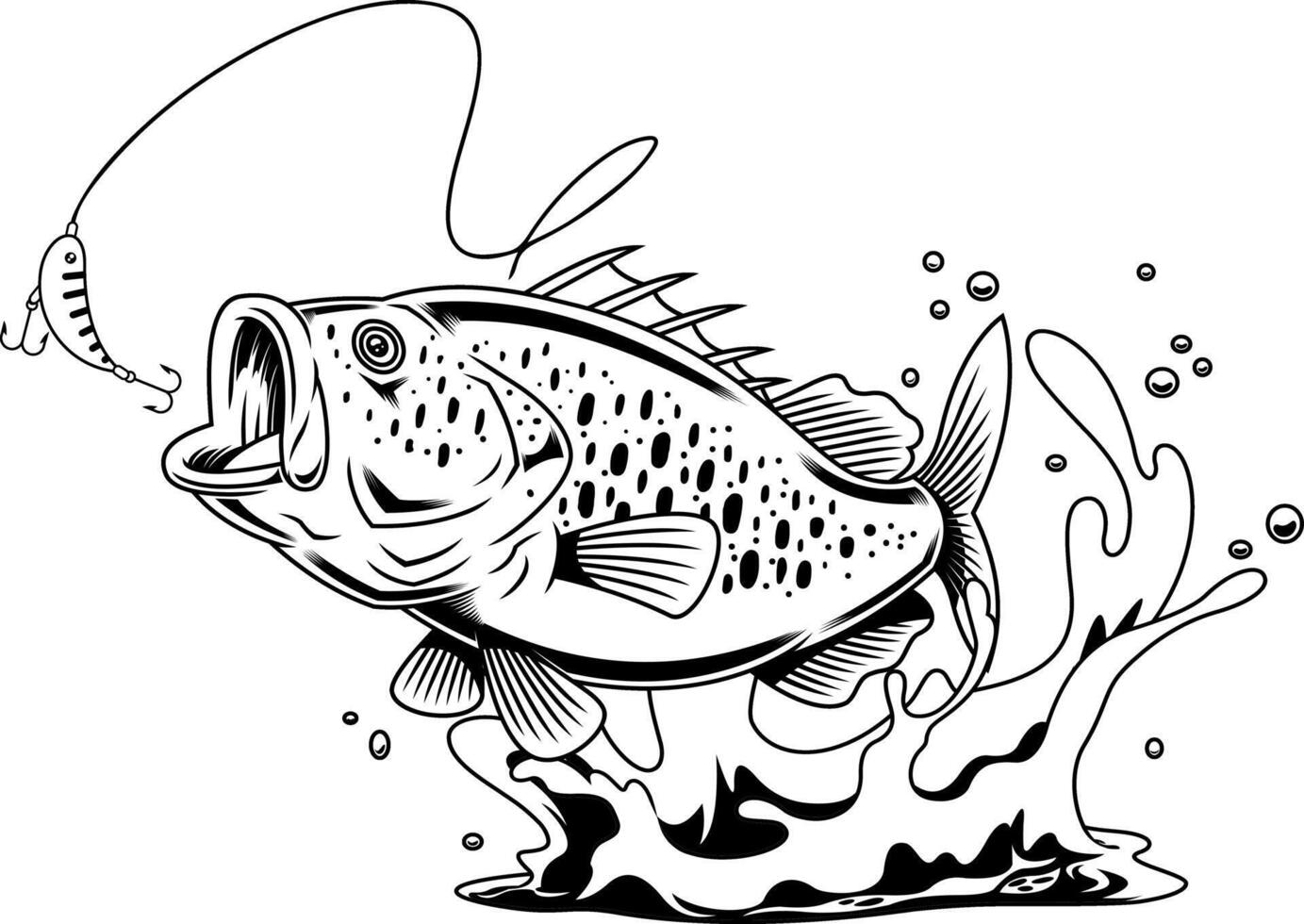 Black And White Sport Fishing Illustration With Hooked Game Fish In Action vector