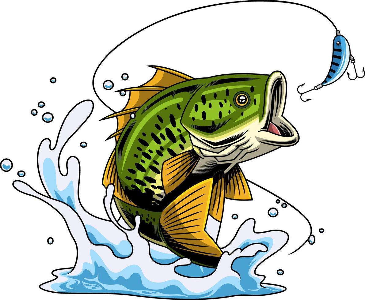 Jumping Green Bass Fish Illustration With Splash And Blue Fishing Lure vector