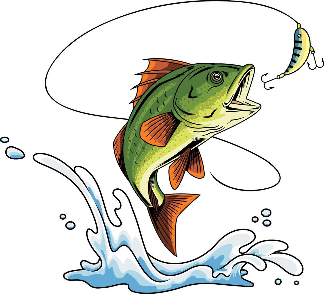 Sport Fishing Illustration Of Freshwater Predator Jumping Toward Bait vector