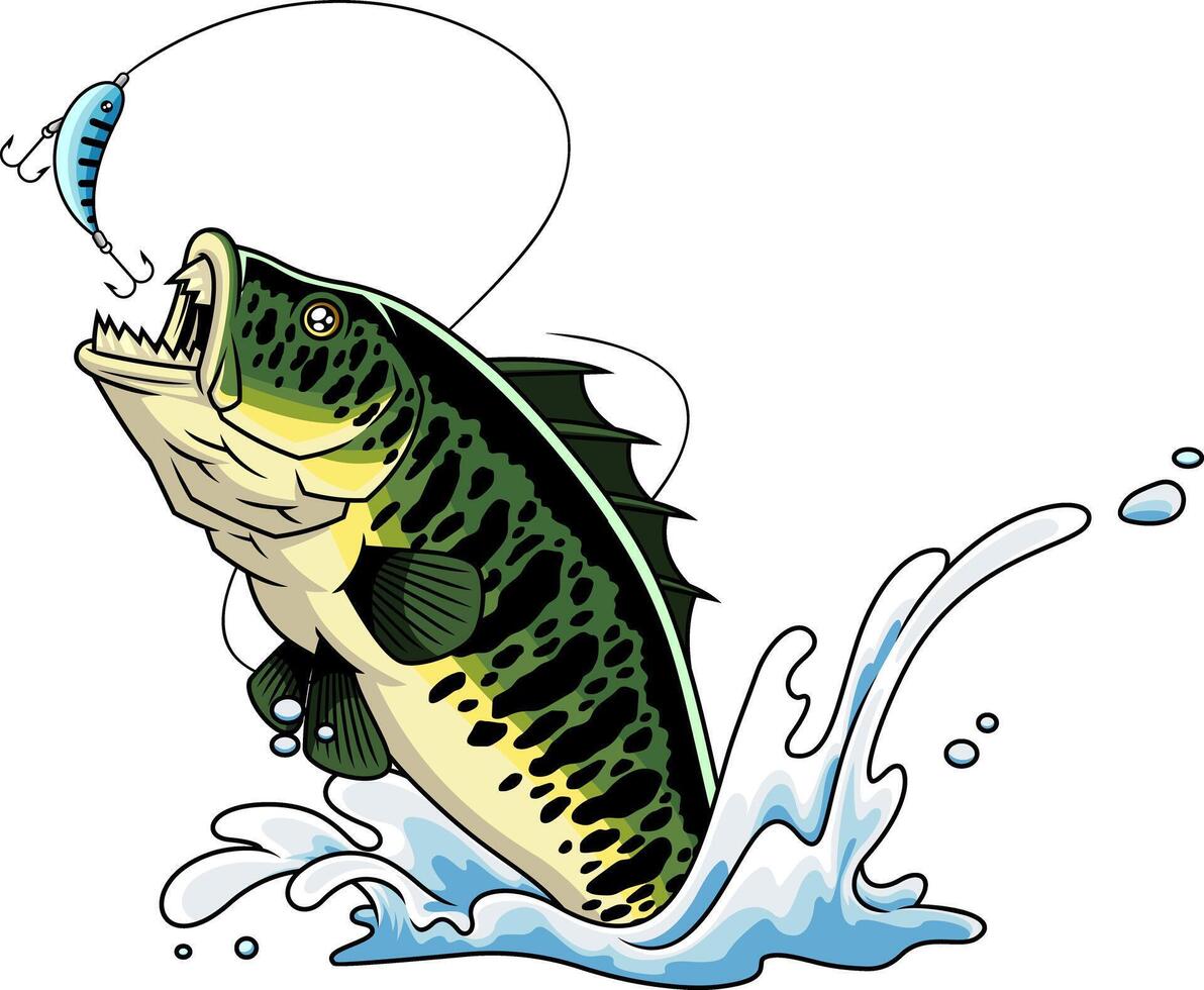 Aggressive Sport Fish In Mid Air Leap Toward Fishing Hooked Lure vector