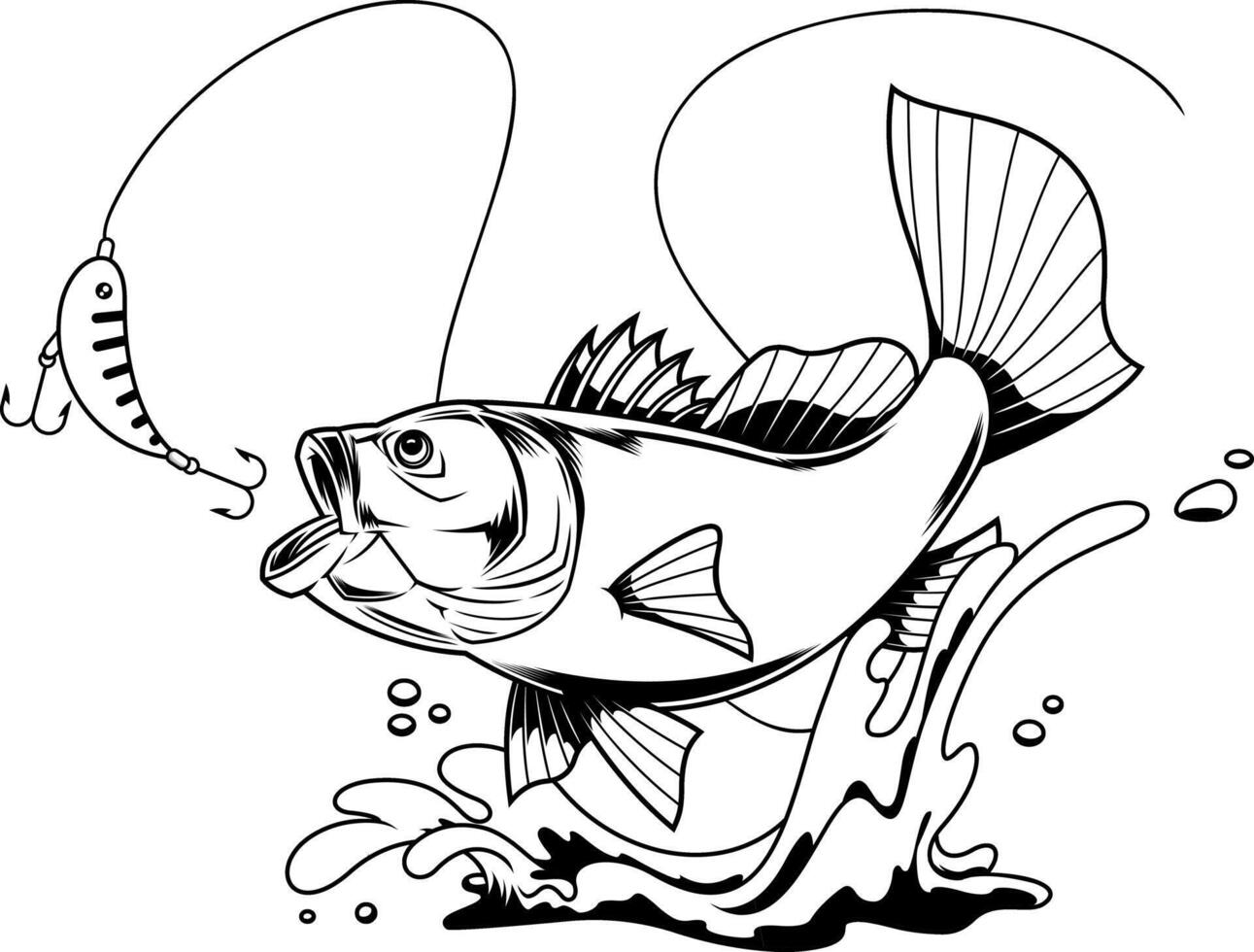 Black And White Sport Fishing Illustration With Predator Fish In Mid Jump vector