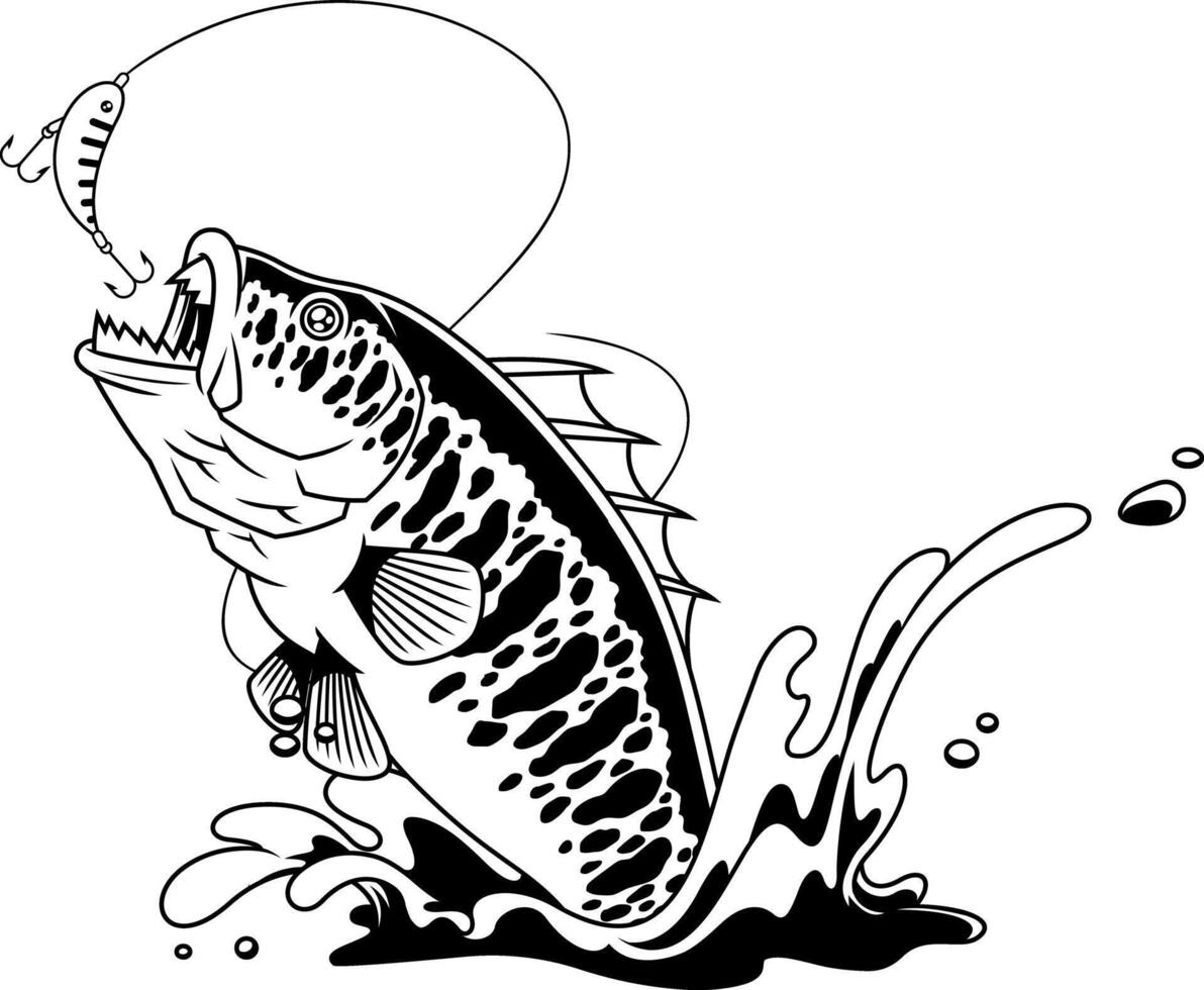 Black And White Jumping Bass Illustration With Hooked Lure And Splash Effect vector