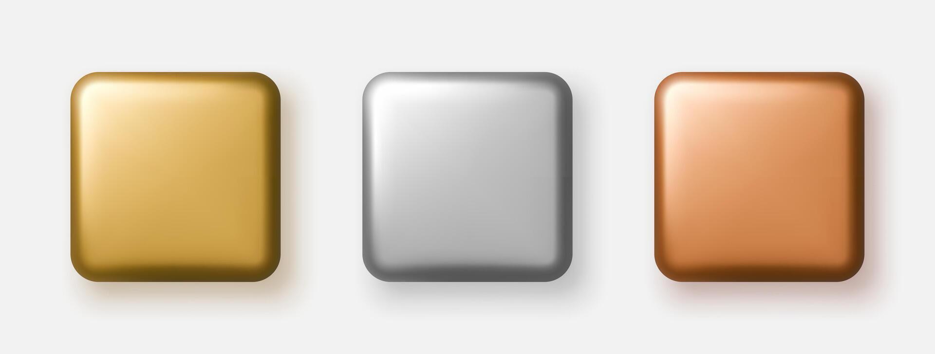 Gold, silver and bronze 3D square buttons with metallic gloss. illustration vector
