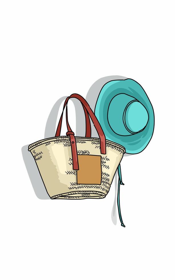 summer hat and straw bag vector