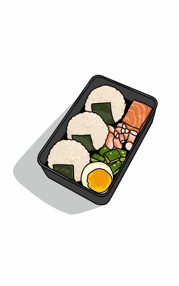 Bento box with rice and salmon vector