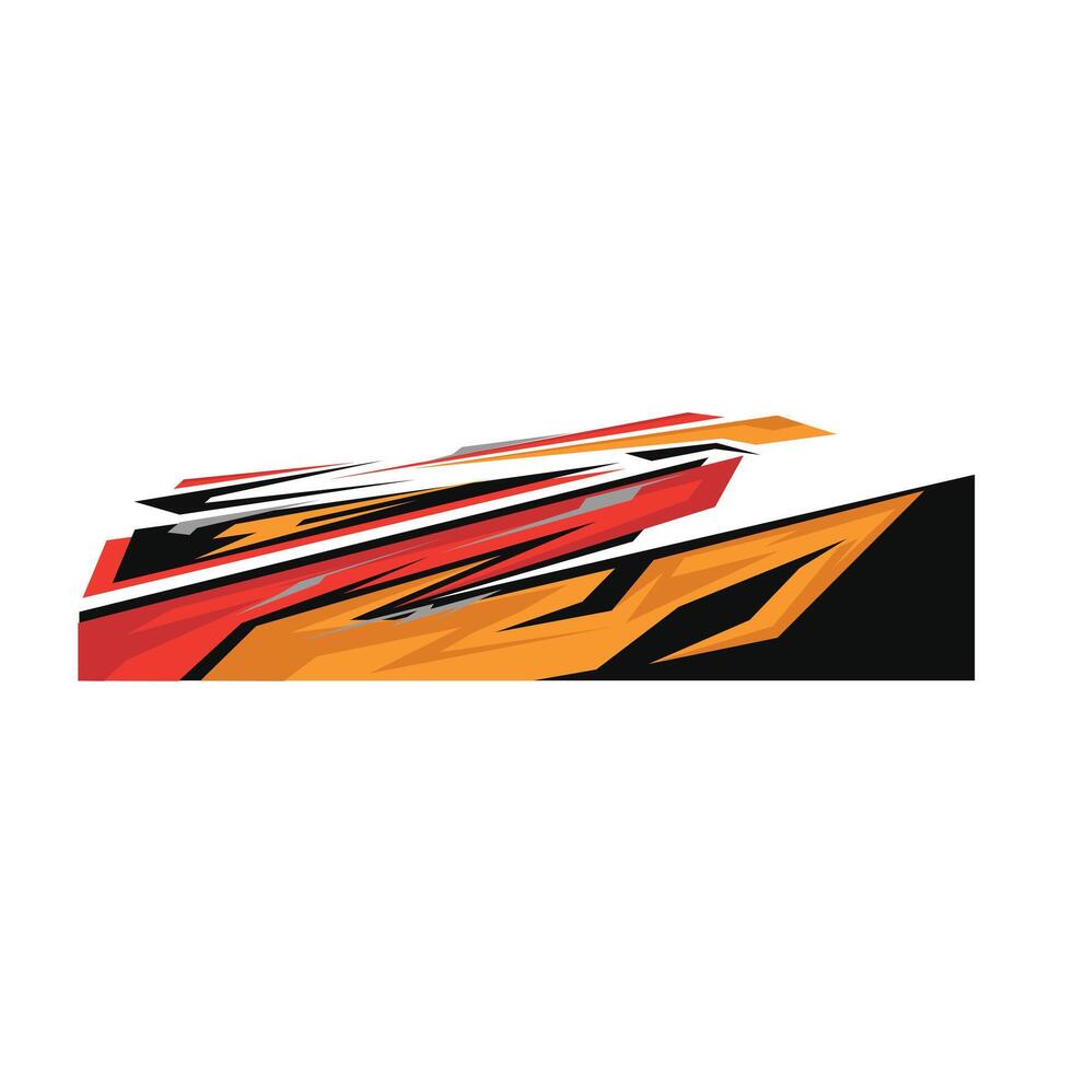 Striking car livery design with an aggressive and energetic look. Featuring sharp, layered graphics in red, orange, yellow, black, and white tones. vector
