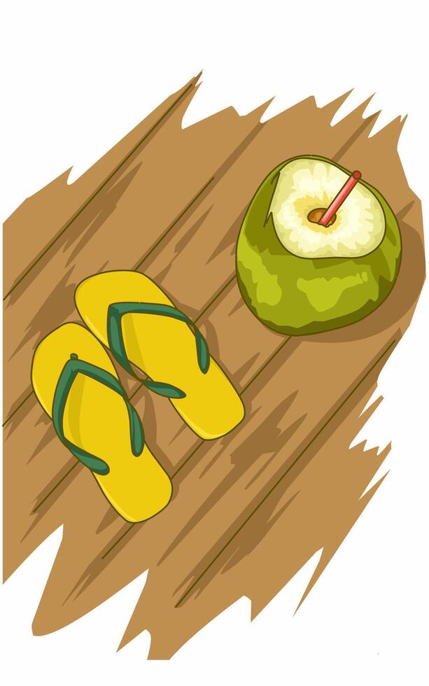 Flip flops and coconut drink on wood vector
