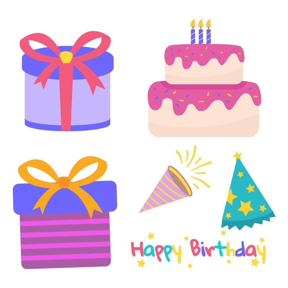Cute birthday celebration set with cake, gifts, and party elements vector