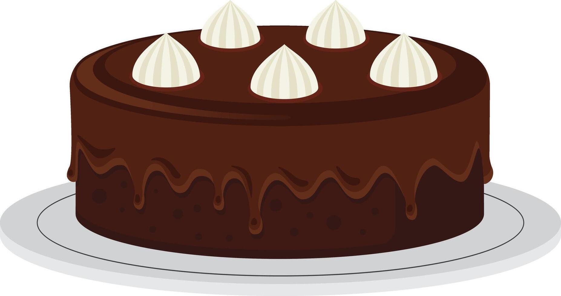 Round chocolate cake with chocolate glaze and white cream topping vector
