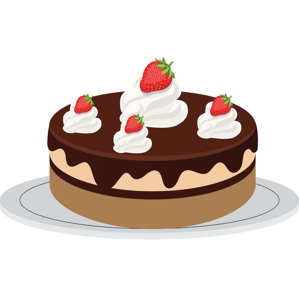 Chocolate cake with whipped cream and strawberry topping vector