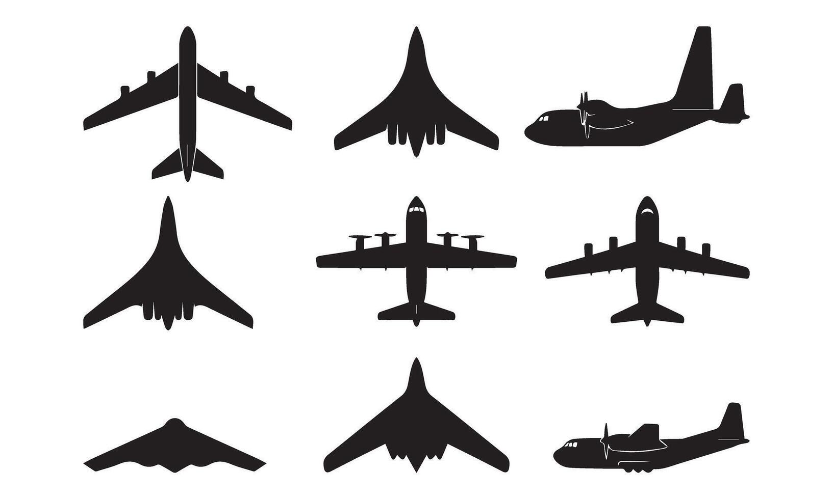 Collection of various Military aircrafts silhouette icon silhouettes on white background. Includes military, cargo, commercial aircraft. For aviation themes. Aviation collection with plane icons vector