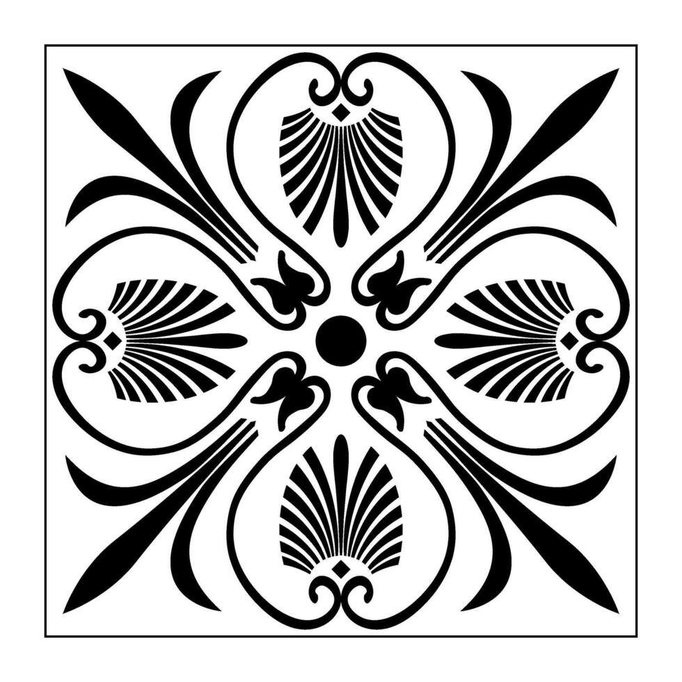 Monochrome classic Greek square floral pattern. Square of Ancient Greece, Roman Empire. Byzantine painting. Stylized floral ornament in square frame for tile design or Decoration of European palaces vector