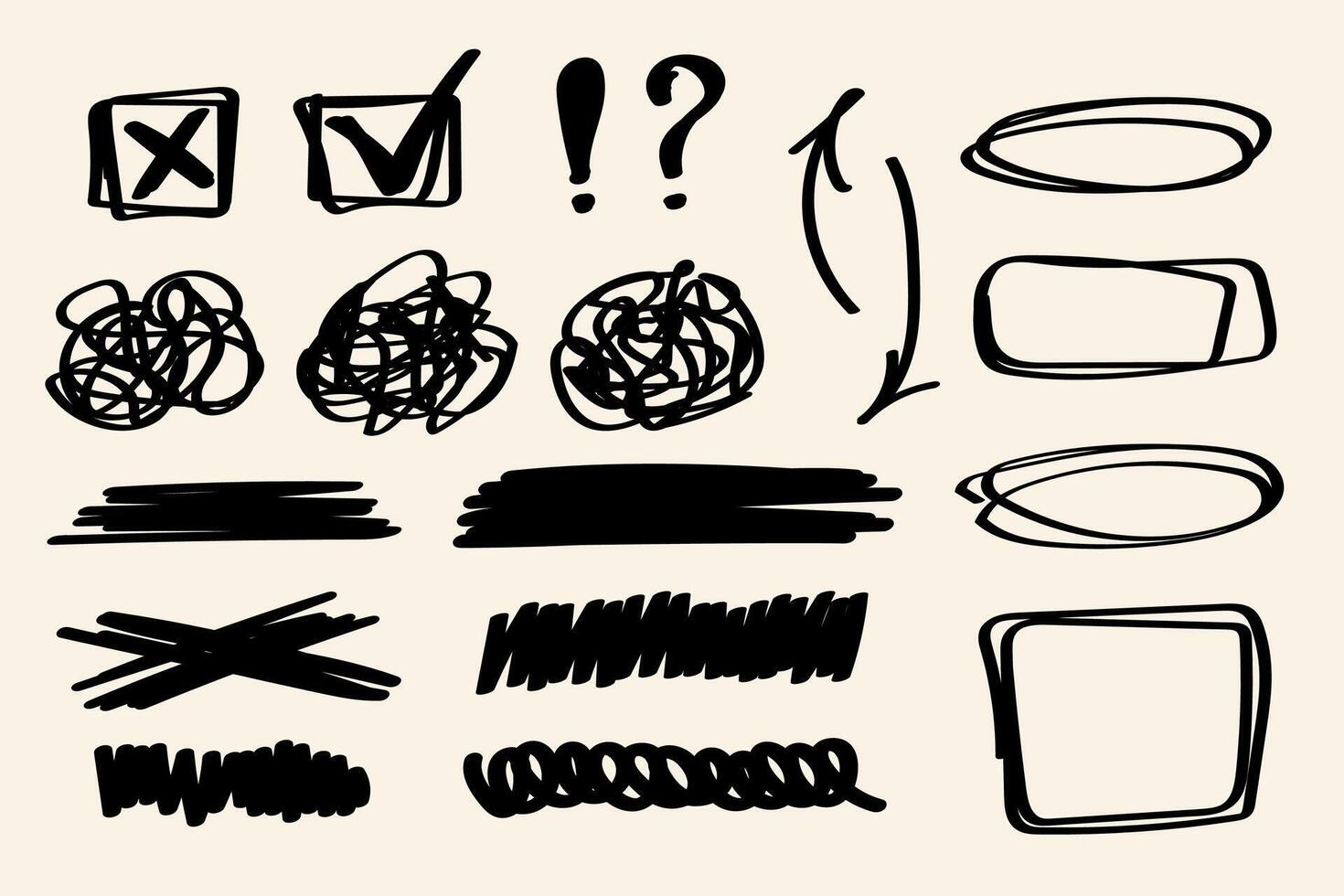 Messy hand drawn scribbles, checkmarks, and sketchy shapes. Doodle sketch elements for notes, highlights, annotations, and creative layouts. vector