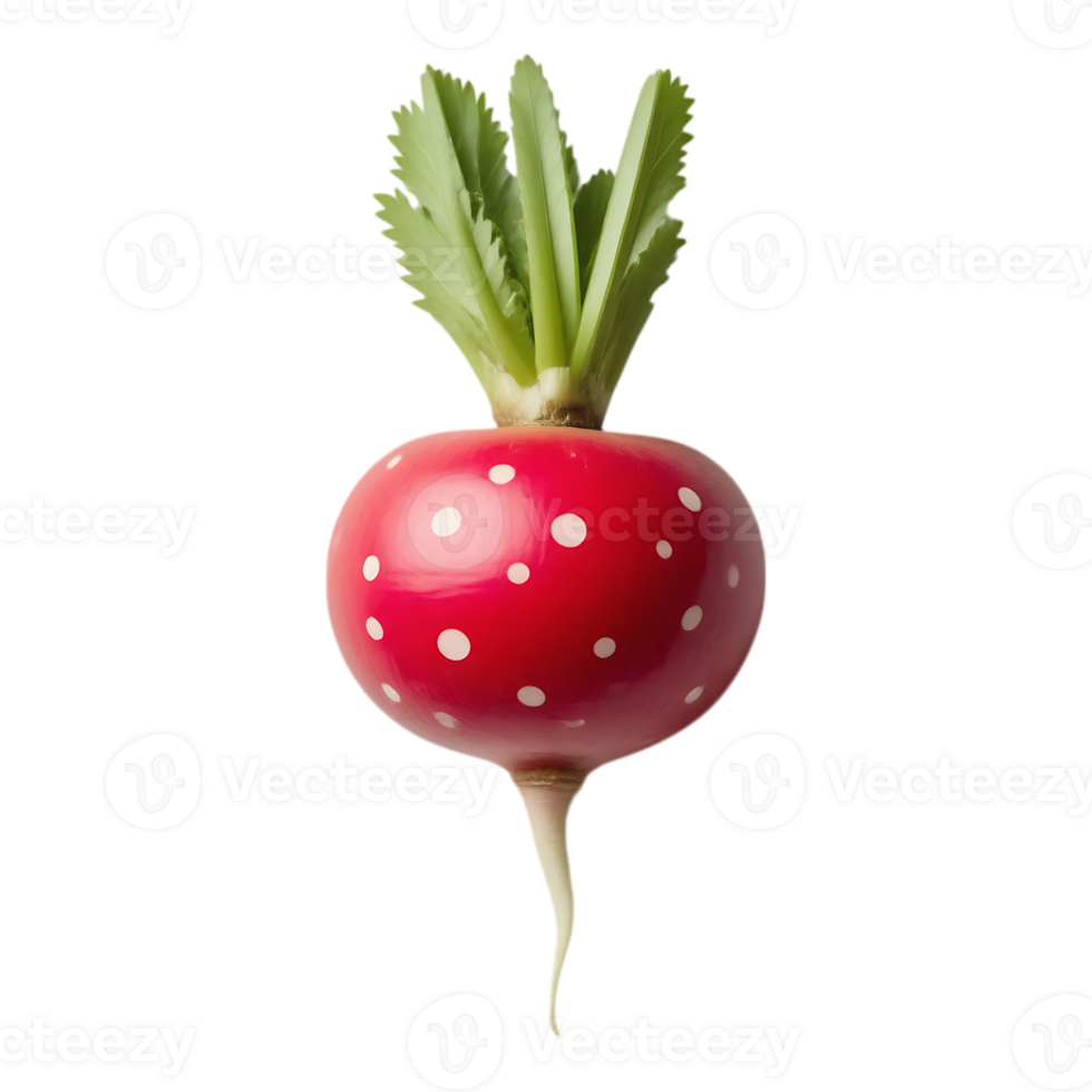 Whimsical Red Radish with White Polka Dots and Green Leaves png