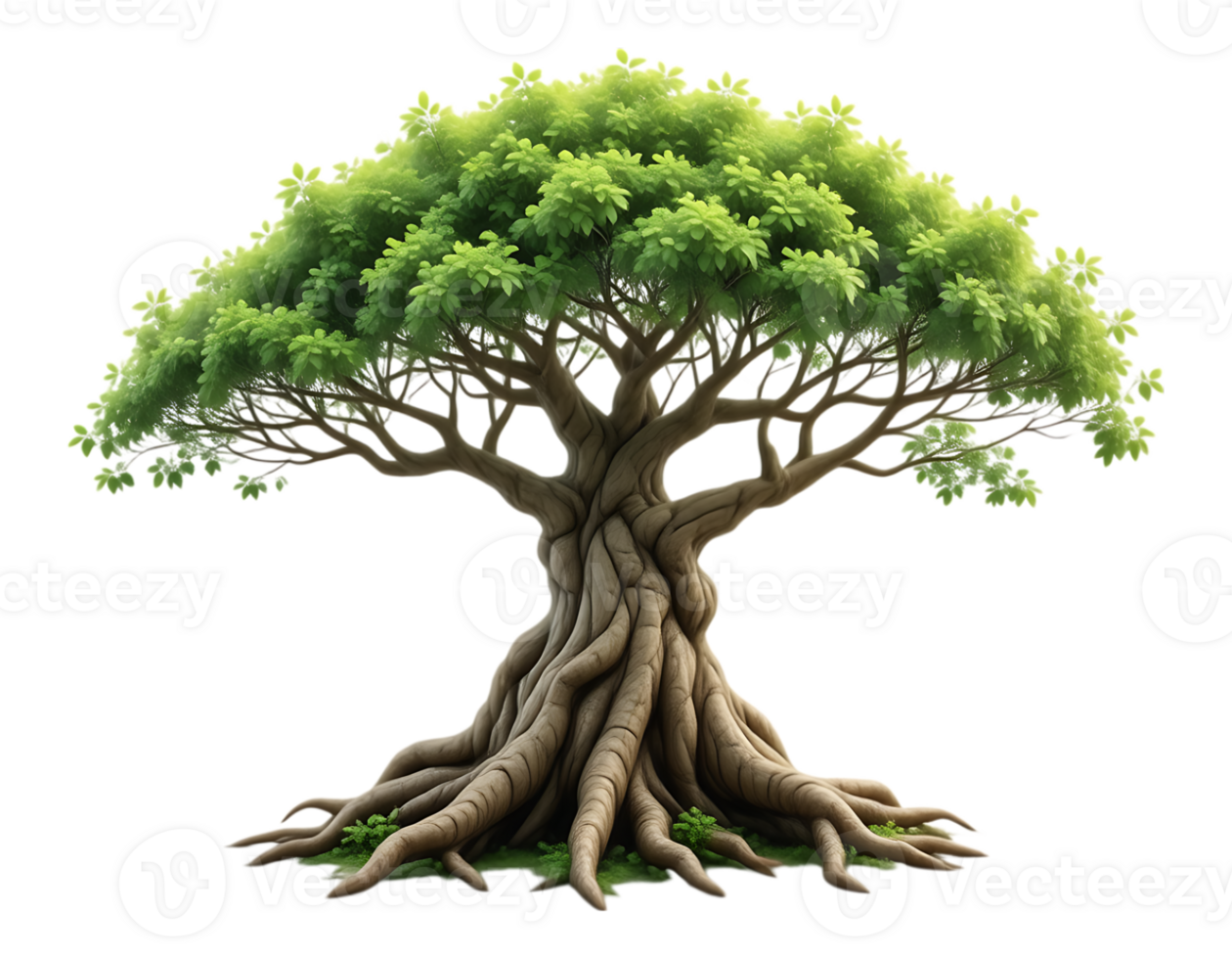 Ancient Tree with Lush Green Foliage and Exposed Roots png