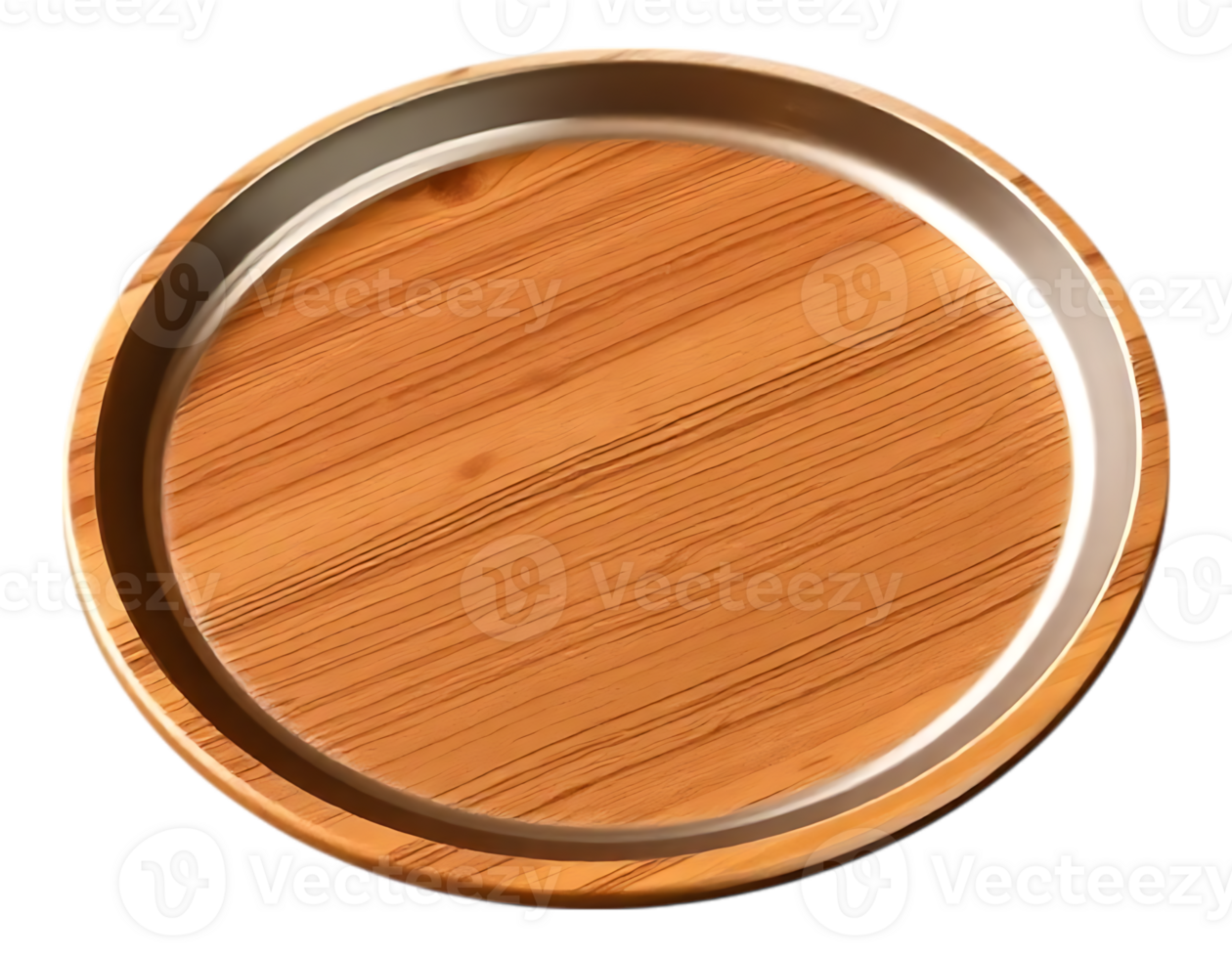 Wooden serving tray with metallic rim, top view, isolated png