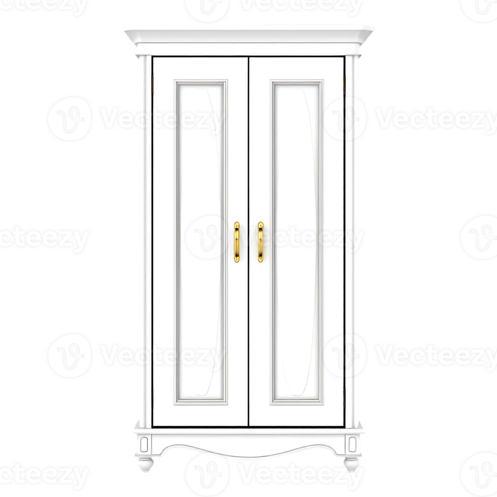 White Wooden Wardrobe with Double Doors and Golden Handles png