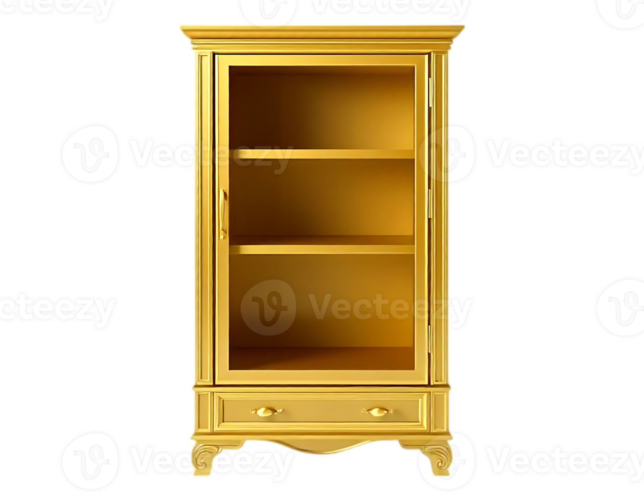 Golden Display Cabinet with Glass Door and Shelves png