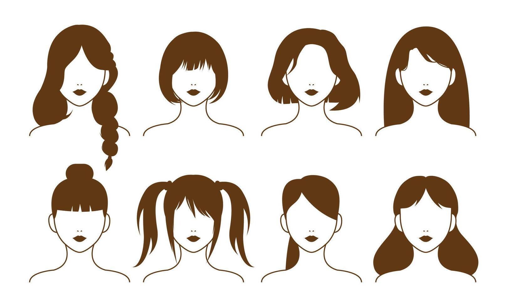 Set of 8 stylish female hairstyles in flat silhouette style. Perfect for beauty, salon, fashion, or avatar design projects. Isolated on white background. vector
