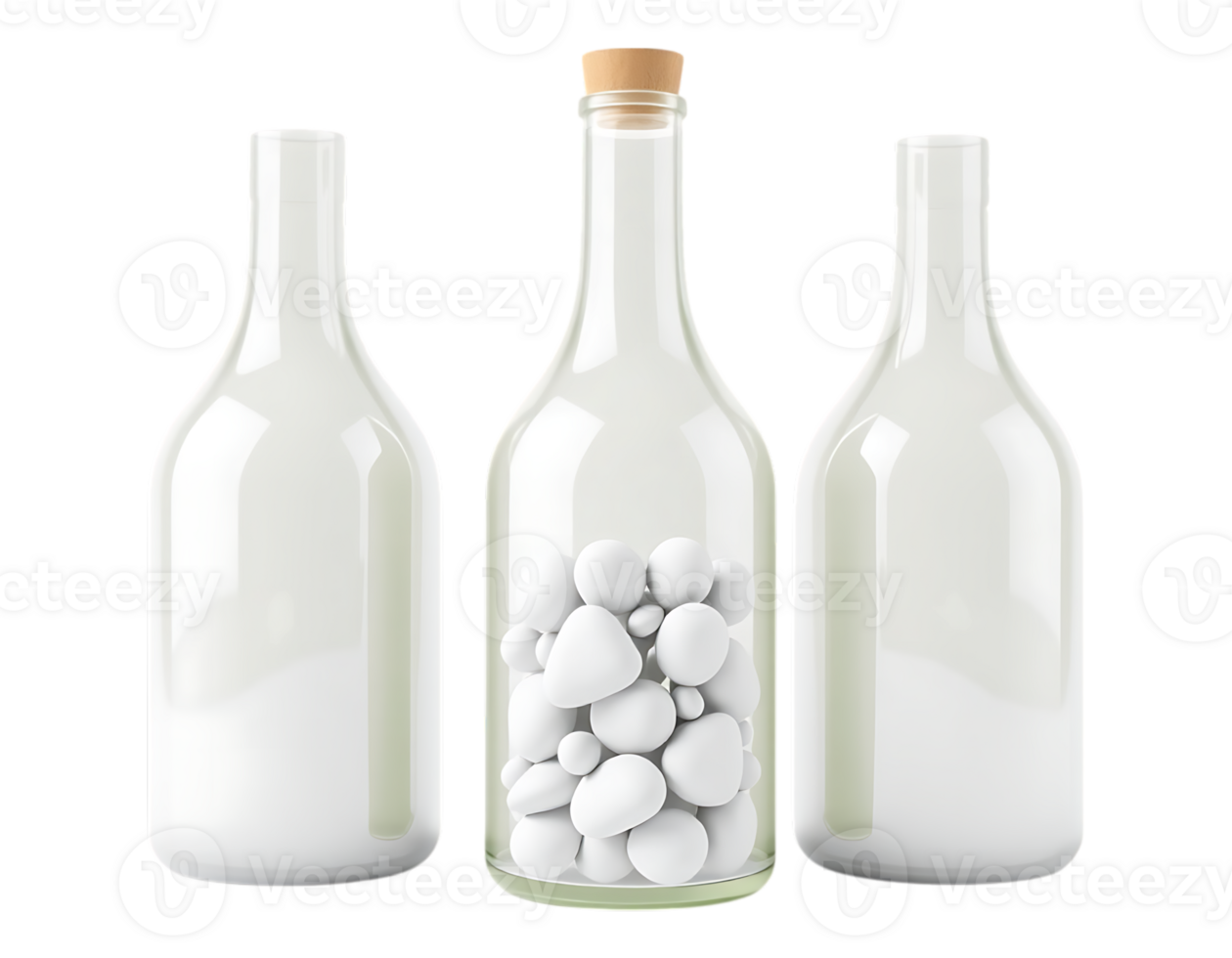 Glass bottles with decorative pebbles png