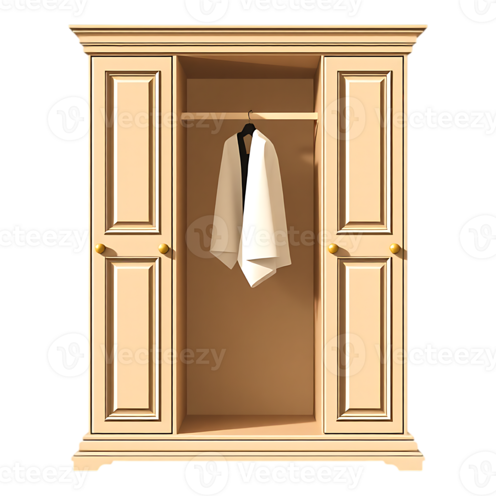 Elegant wooden wardrobe with hanging coat, isolated on transparent background. png