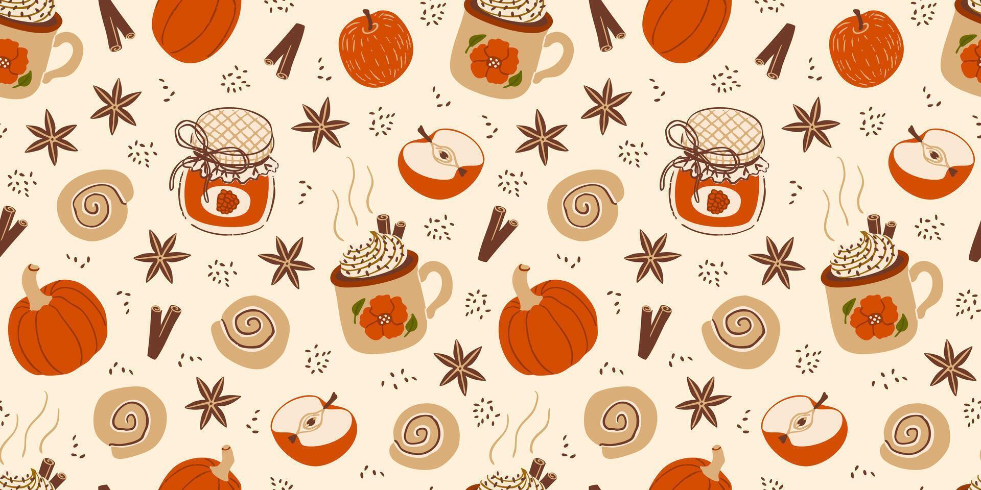 Fall pattern with pumpkins and mugs vector