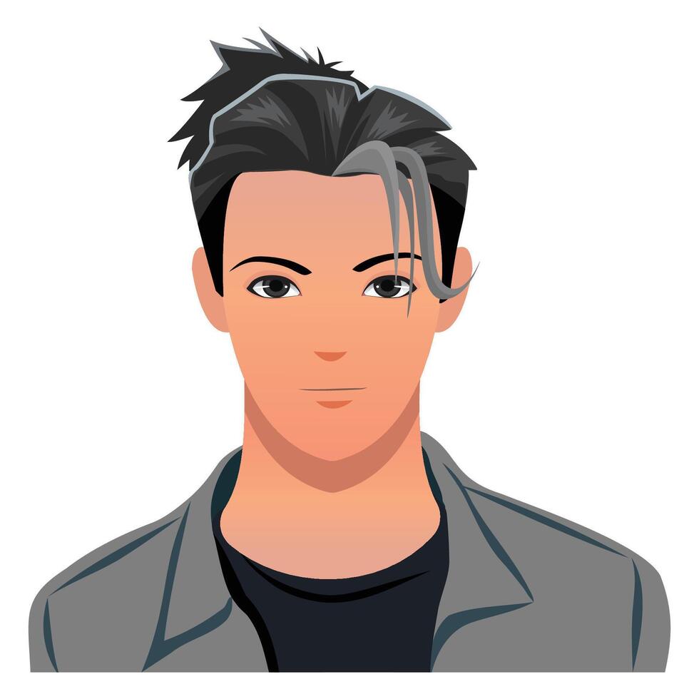 Trendy avatar of young man with black tied hair and silver front strand. Perfect for profile icons, app characters, stylish illustrations, and digital branding. vector